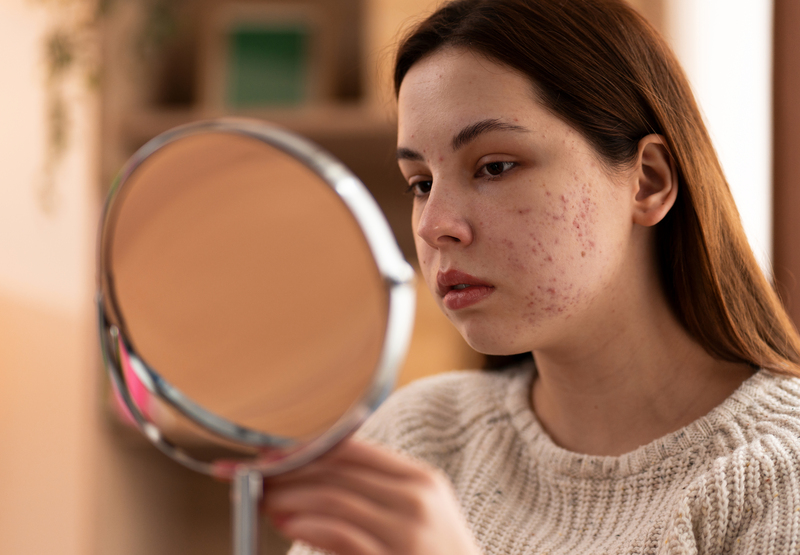 rapariga adolescente a lidar com acne hormonal